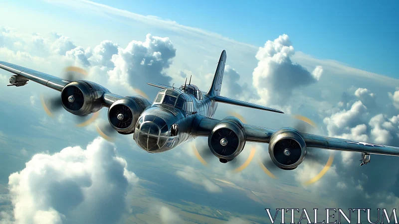 Four‑engine military aircraft maintains level flight in clouds