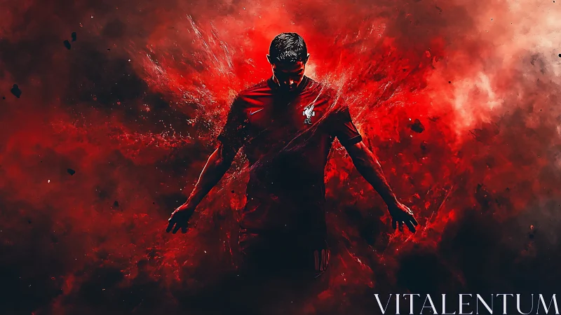Explosive red energy burst surrounding silhouetted footballer