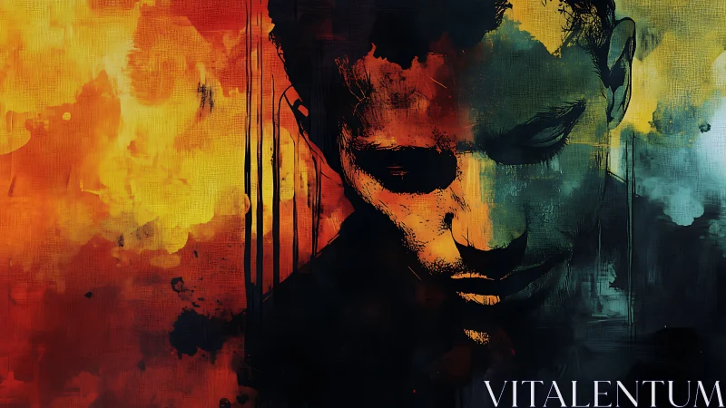 Abstract portrait of a man in divided warm and cool tones.