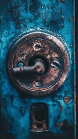 Weathered circular lockset on distressed teal metal door.