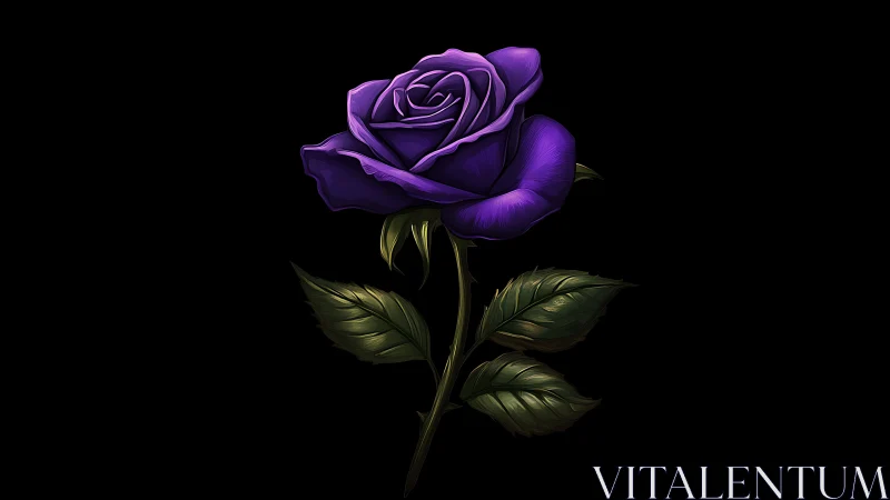 Purple rose stands isolated on a solid black background