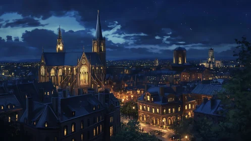 Gothic city cathedral at night with warm urban lights.