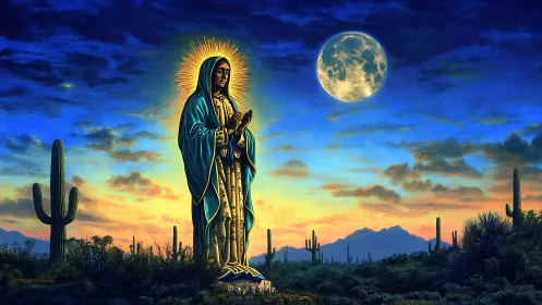 Radiant desert Madonna stands glowing beneath a vast moon