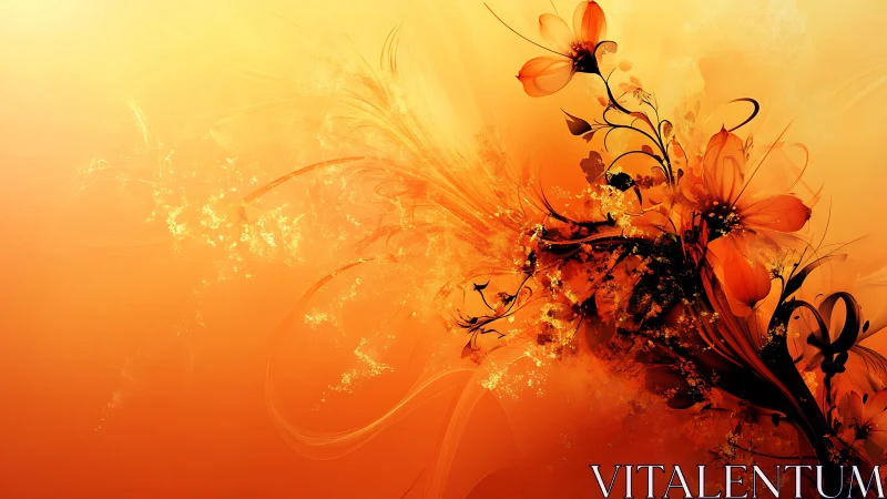 Floral silhouettes ignite a radiant orange abstract bloom