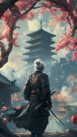 Samurai figure before tiered pagoda amid cherry blossoms.
