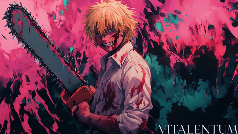 Bloodstained chainsaw wielder stands before abstract backdrop