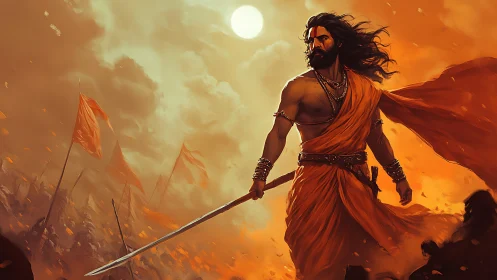 Sunlit warrior strides through embers on a stormy battlefield