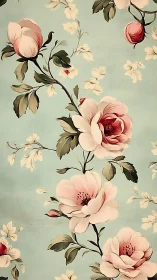 Vintage roses climb across soft teal floral wallpaper.