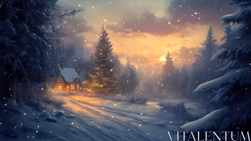 Snowy forest cabin glows warmly beneath golden winter sunset