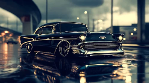 Classic black sedan under overpass on wet reflective street.