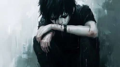 Solitary dark haired figure seated in a distressed corner.