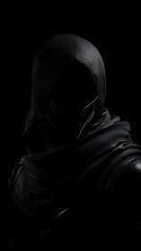 Hooded armored figure rendered in high contrast darkness