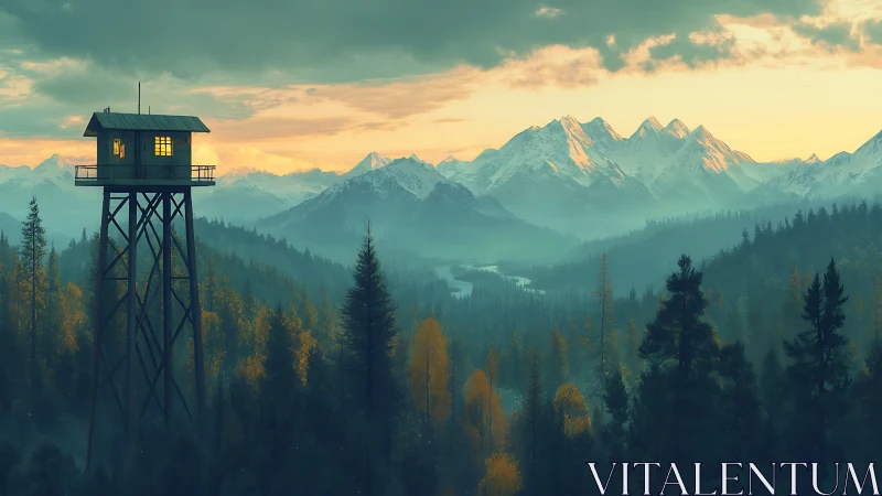Digital painting of alpine watchtower over misted conifer valley.