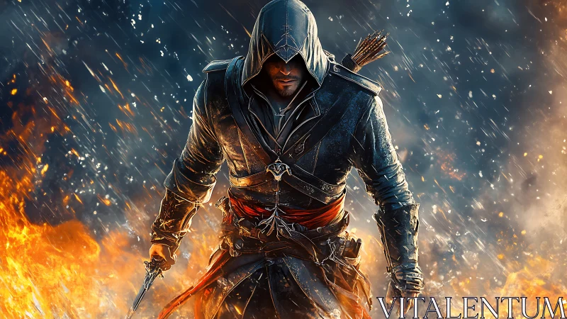Digital painting of hooded rogue amid cinematic firestorm.