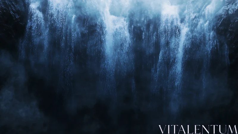 Mystical midnight waterfall curtain inviting quiet reflection.