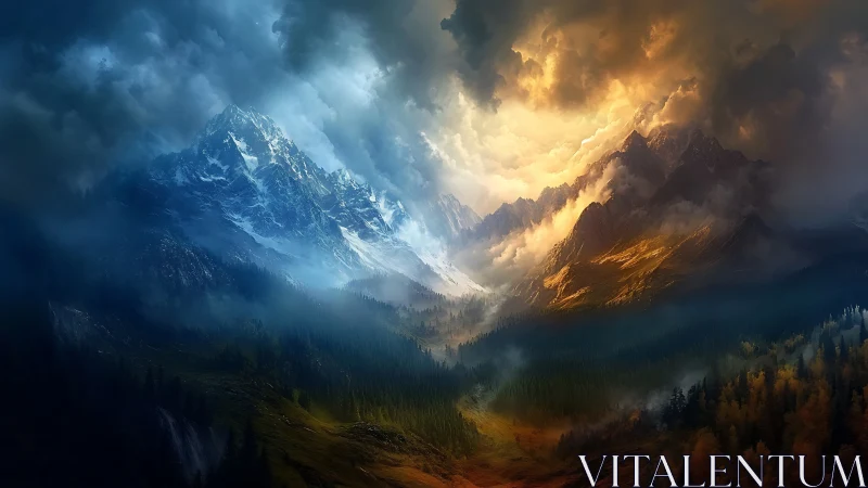 Bifurcated alpine valley with dramatic dual-tone sky lighting