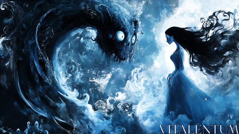 Ethereal confrontation in monochrome blue fantasy tableau.
