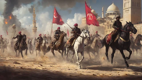 Crimson banners charge through desert smoke and domes.