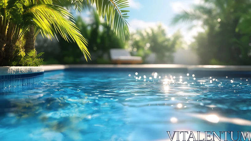 Outdoor swimming pool with palm foliage and sunlight reflections.