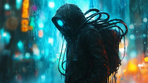 Hooded cybernetic figure in rainlit urban street scene.