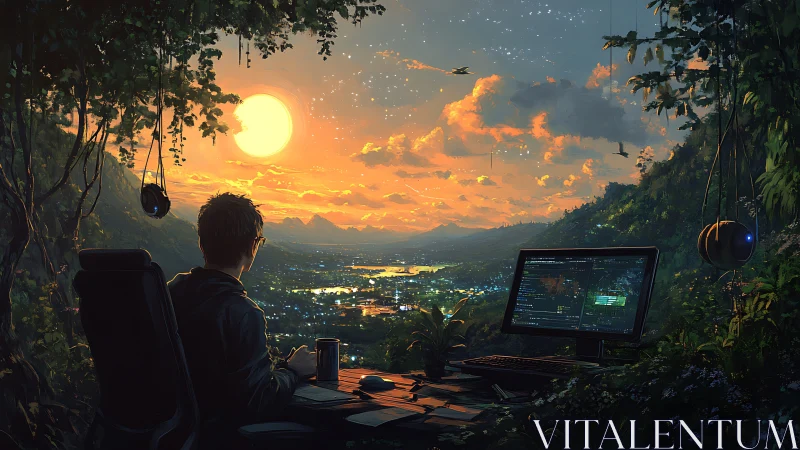 Remote workstation overlooking illuminated valley at sunset.