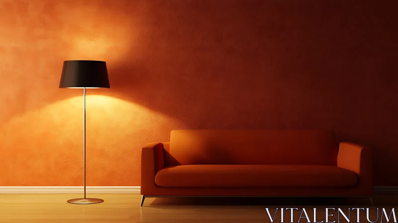 Modern orange sofa and floor lamp create cozy minimalism.
