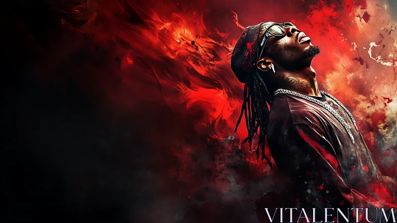 Fiery hip hop dreamer rising through swirling red smoke.