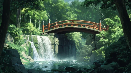 Anime forest bridge over cascading waterfall composition.