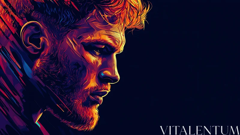 Neon warrior profile carved in molten light and shadow.