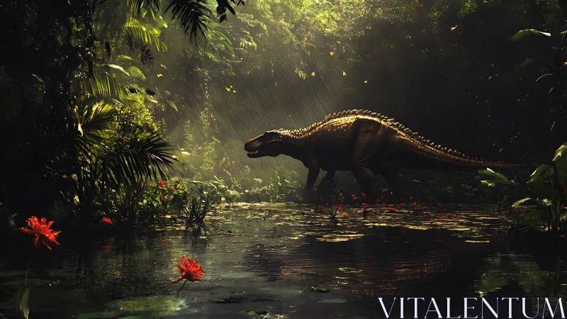 Carnosaur crossing sunlit jungle swamp in golden rainstorm.