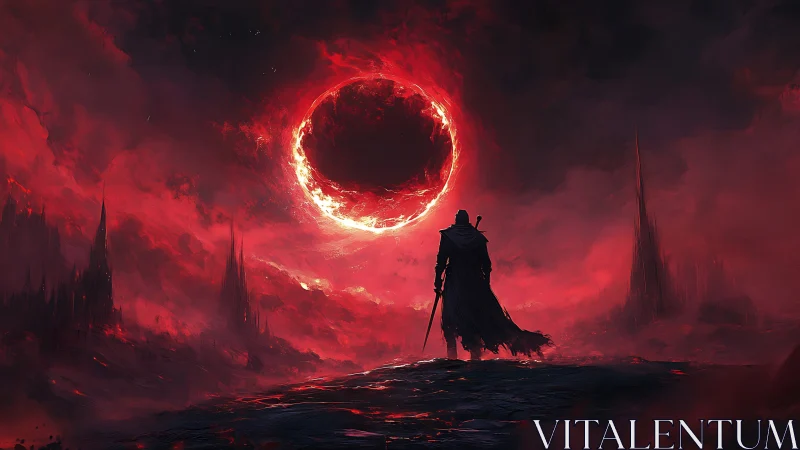 Lone blade under the burning eclipse above a crimson wasteland.