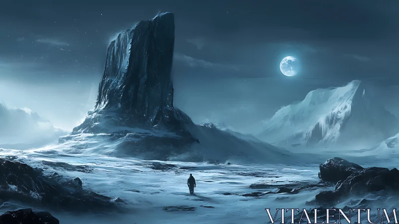 Digital painting of lone explorer in glacial moonlit expanse.