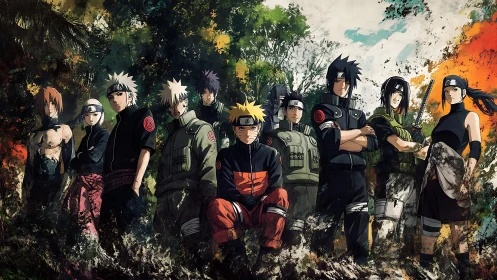 Tactical shinobi lineup in dense forest splash-ink ambience.