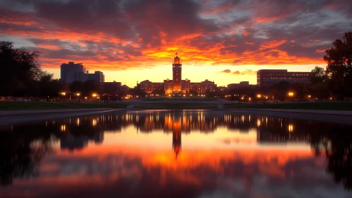 Sunset cityscape skyline mirrored in tranquil reflecting pool.