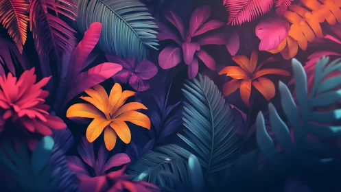 Digital render of tropical flowers with vibrant neon lighting