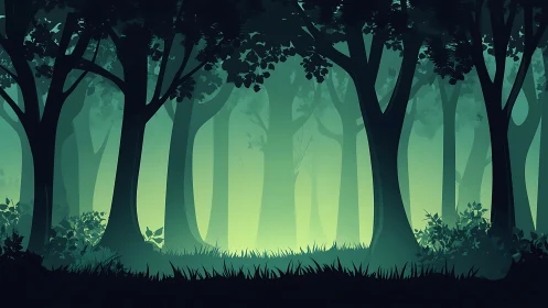 Layered forest canopy with silhouetted trees and yellow light.