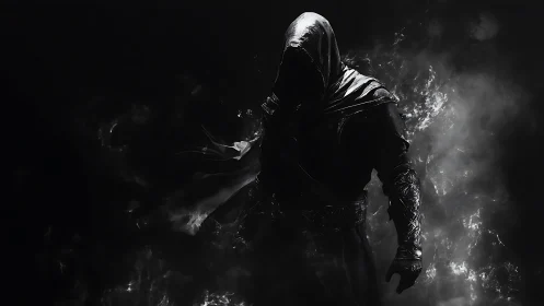 Hooded shadow warrior emerges from swirling black smoke