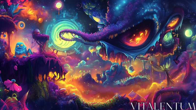 Neon cosmic dreamscape with floating islands and monsters.