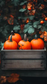 Rustic crate of autumn pumpkins in moody garden setting.