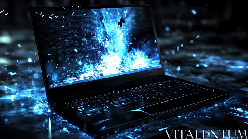 Laptop displays blue digital explosion effect on dark surface