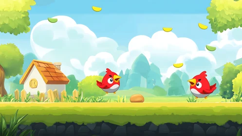 Cheerful red birds dash through a bright cartoon forest world