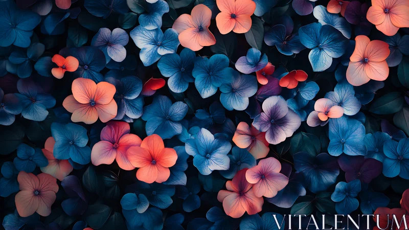 Coral and Blue Flowers Bloom in Artistic Contrast.