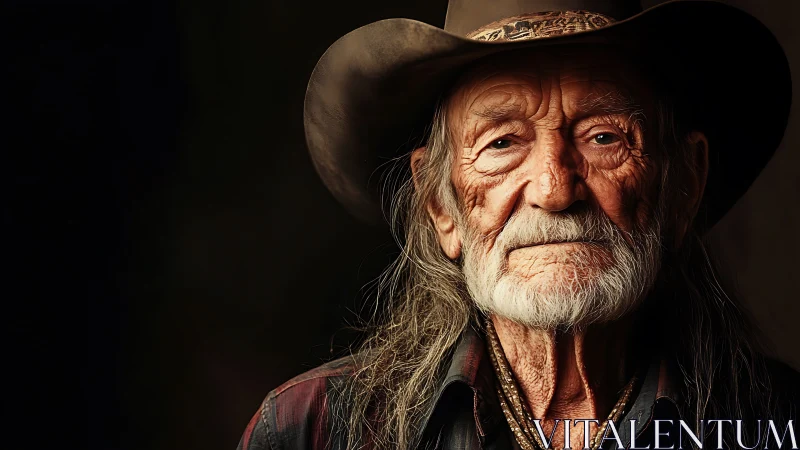 Elderly man in cowboy hat against dark neutral background.