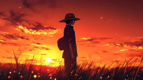 Silhouetted figure stands in tall grass against orange sunset