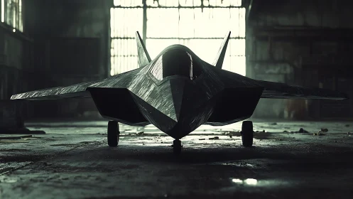 Stealth-style aircraft in dimly lit industrial hangar.