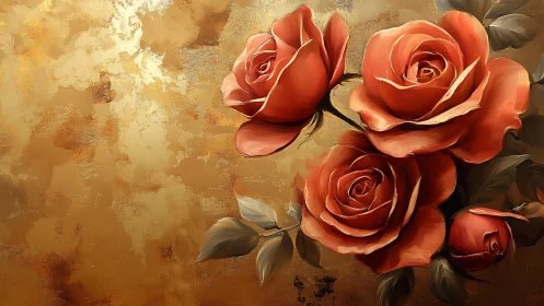 Burnished bouquet of red roses on textured gold field.