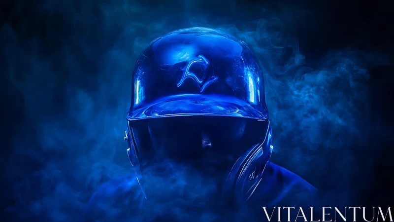 Midnight visor swallows a lone rider in electric blue haze