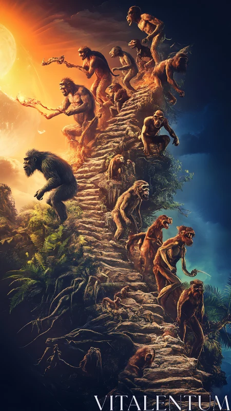 Primate evolution ascending stone path toward fire and light.