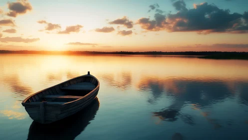 Solitary wooden rowboat rests on a tranquil sunset lake