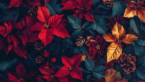 Crimson poinsettias quietly choreograph a festive forest floor